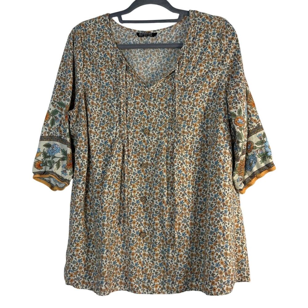 BloomChic Boho Floral Button Up Tunic Blouse Peasant Cottagecore Plus 14 16